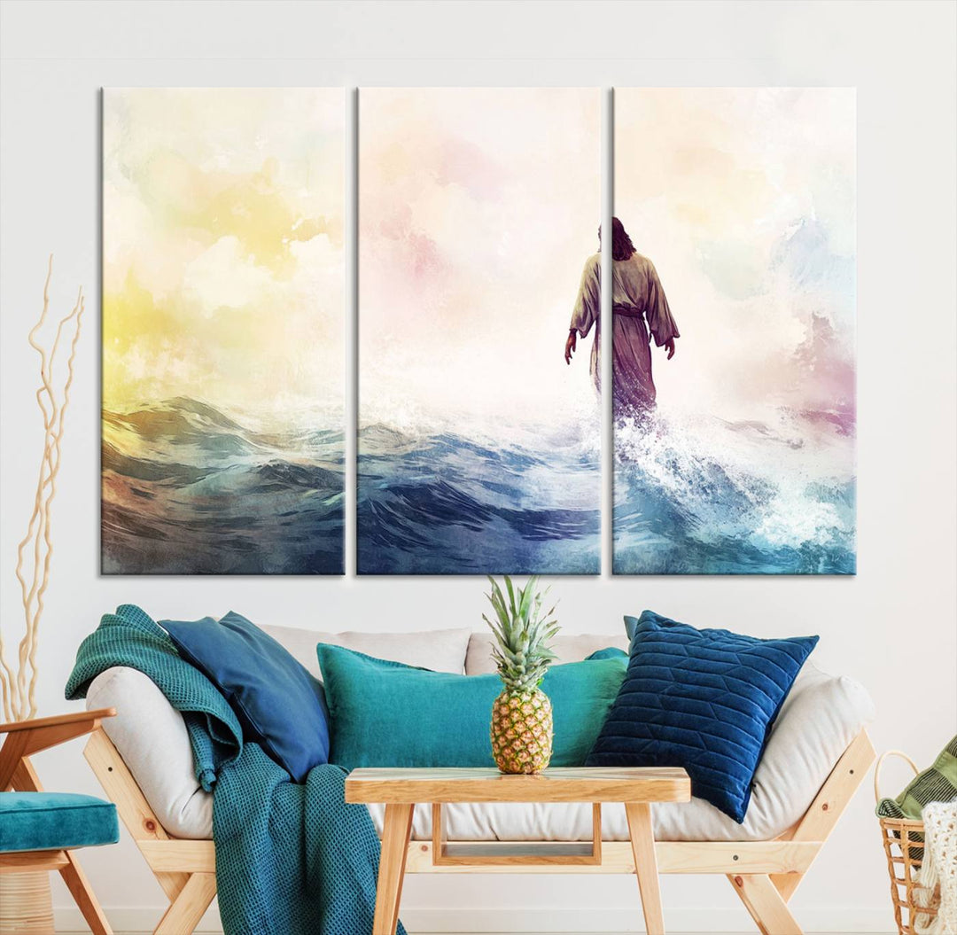 Watercolor Jesus Walking on Water Canvas Print, Christian Wall Art, Jesus Christ Walking