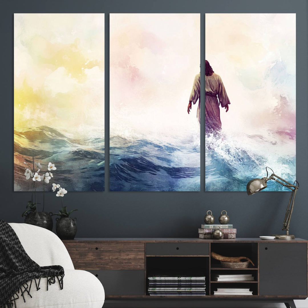 A robed figure strides on water in gentle waves, evoking the Watercolor Jesus Walking on Water canvas art.