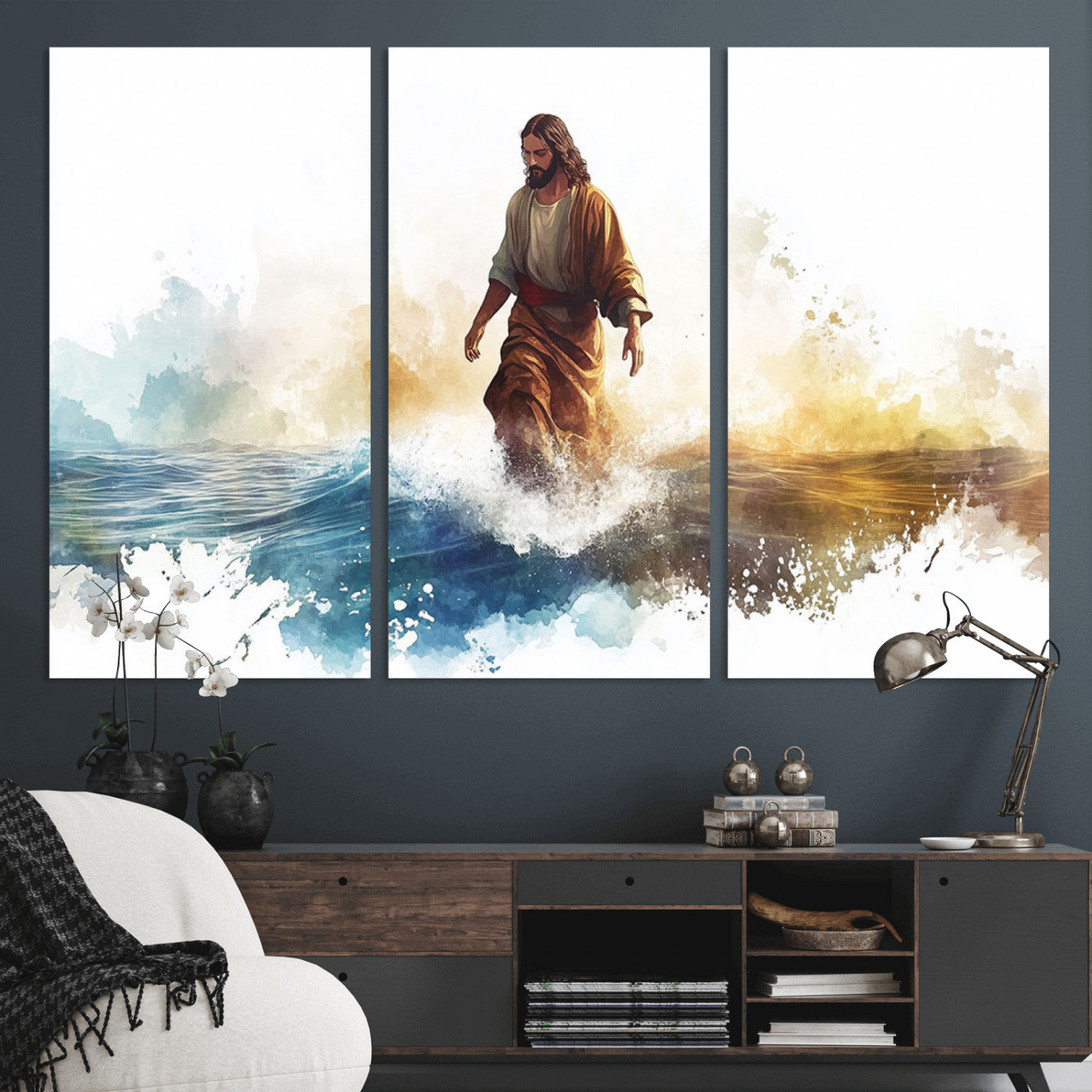 MGV-CV-48X32-3P - Watercolor Jesus Walking Wall Art Print, Jesus Water Canvas Print, Christian Wall Art, Jesus Christ