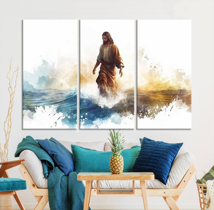 Watercolor Jesus Walking on Water Canvas Print, Christian Wall Art, Jesus Christ Walking