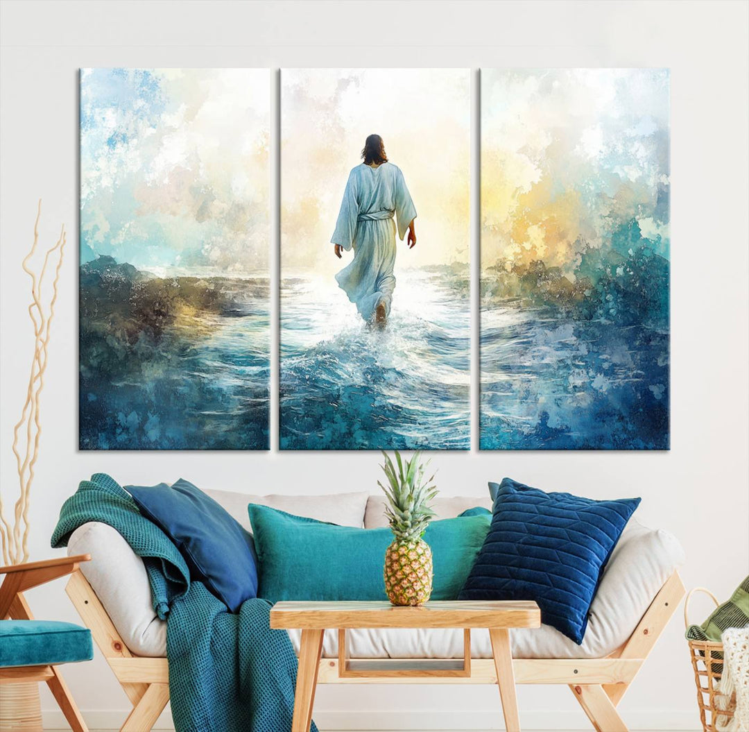 Watercolor Jesus Walking on Water Canvas Print, Christian Wall Art, Jesus Christ Walking