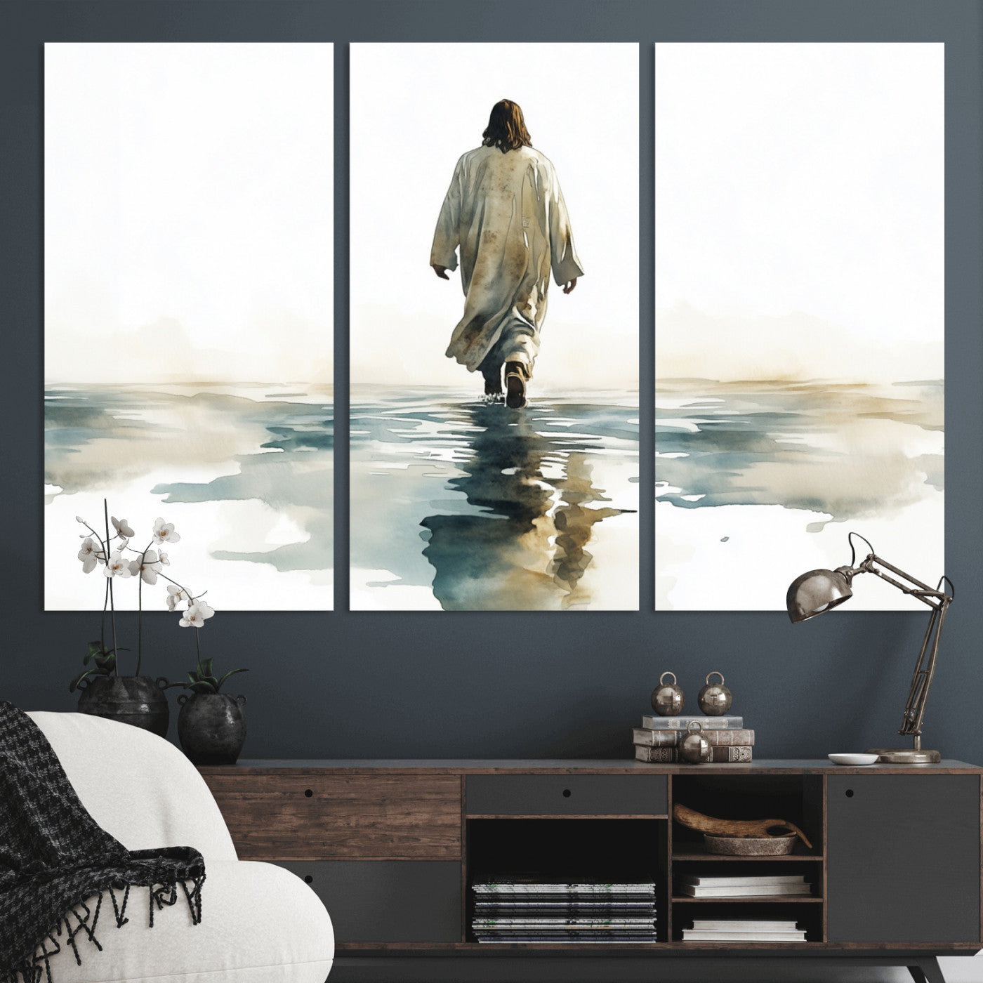 MGV-CV-48X32-3P - Watercolor Jesus Walking on Water Canvas Print, Christian Wall Art, Jesus Christ Walking