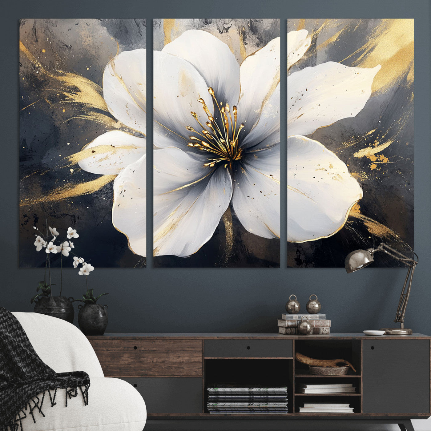 MGV-CV-48X32-3P - White Flower Wall Art Canvas Print | Ready to Hang | Abstract Floral Wall Decor | Elegant Bloom