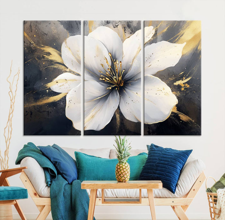 White Flower Wall Art | Canvas Print | Ready to Hang | Abstract Floral Wall Decor | Elegant Bloom Artwork | Framed for Living Room or Bedroom