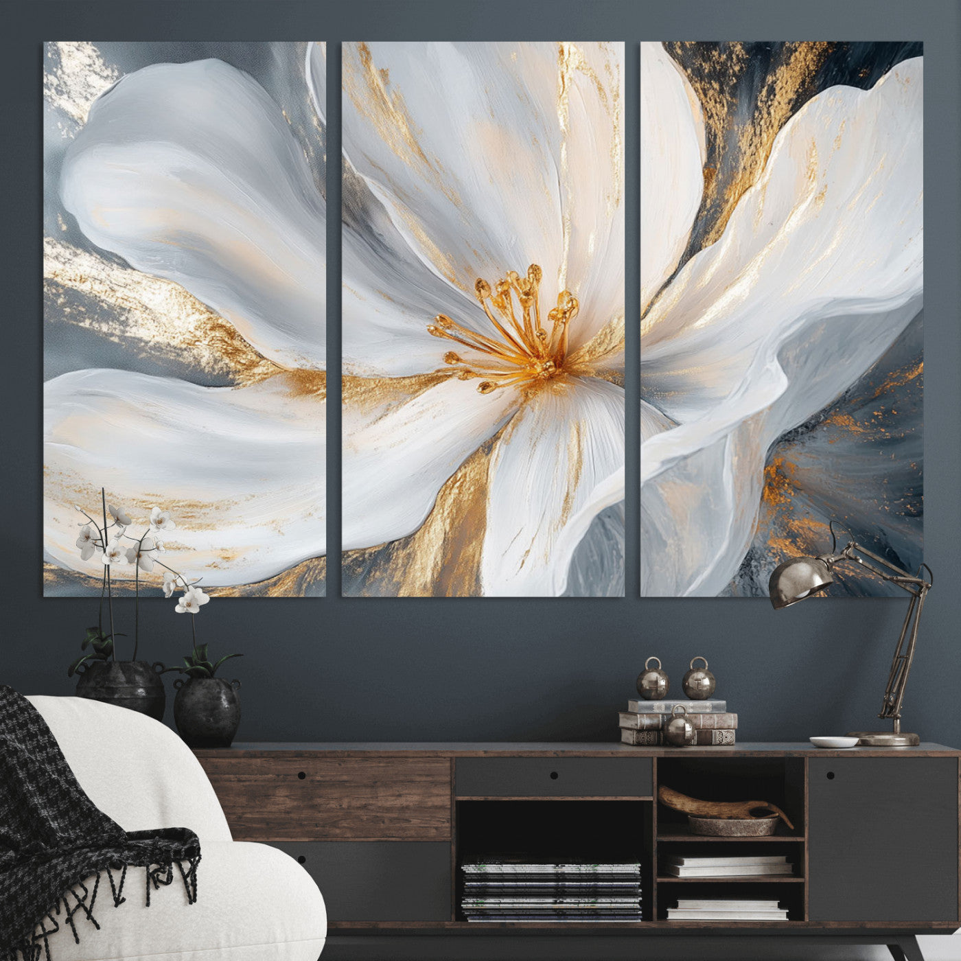 83149-MGV-CV-36X24-White and Gold Floral Canvas Wall Art - Framed and Ready to Hang - Perfect for Modern Living Rooms