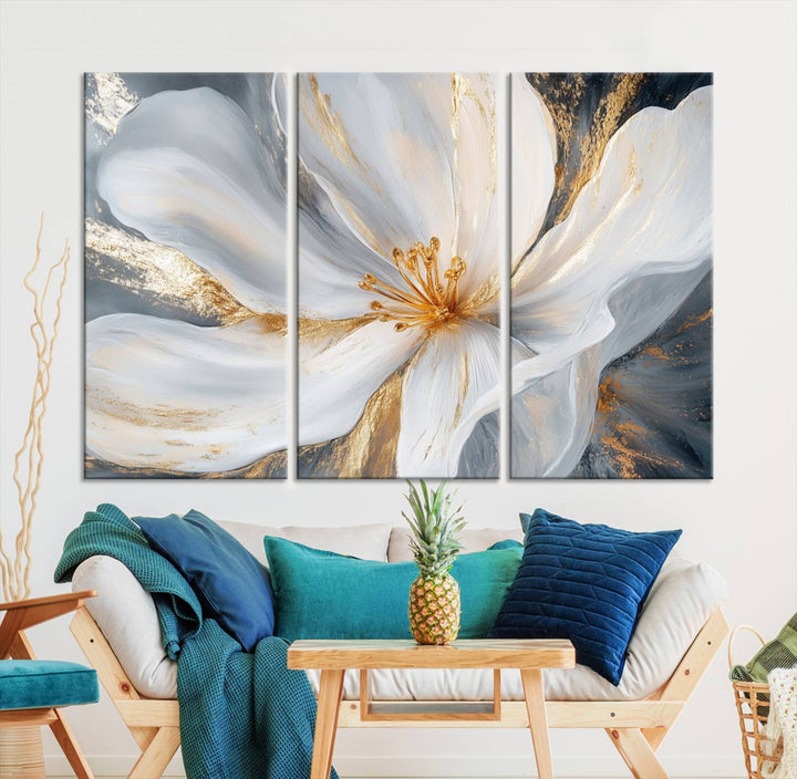 White and Gold Floral Canvas Wall Art - Framed and Ready to Hang - Perfect for Modern Living Rooms