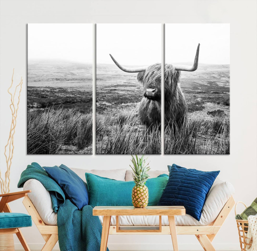 Scottish Highland Cow Wall Art | Black and White Canvas Print | Ready to Hang and Framed | Rustic Farmhouse Wall Decor for Living Room or Office