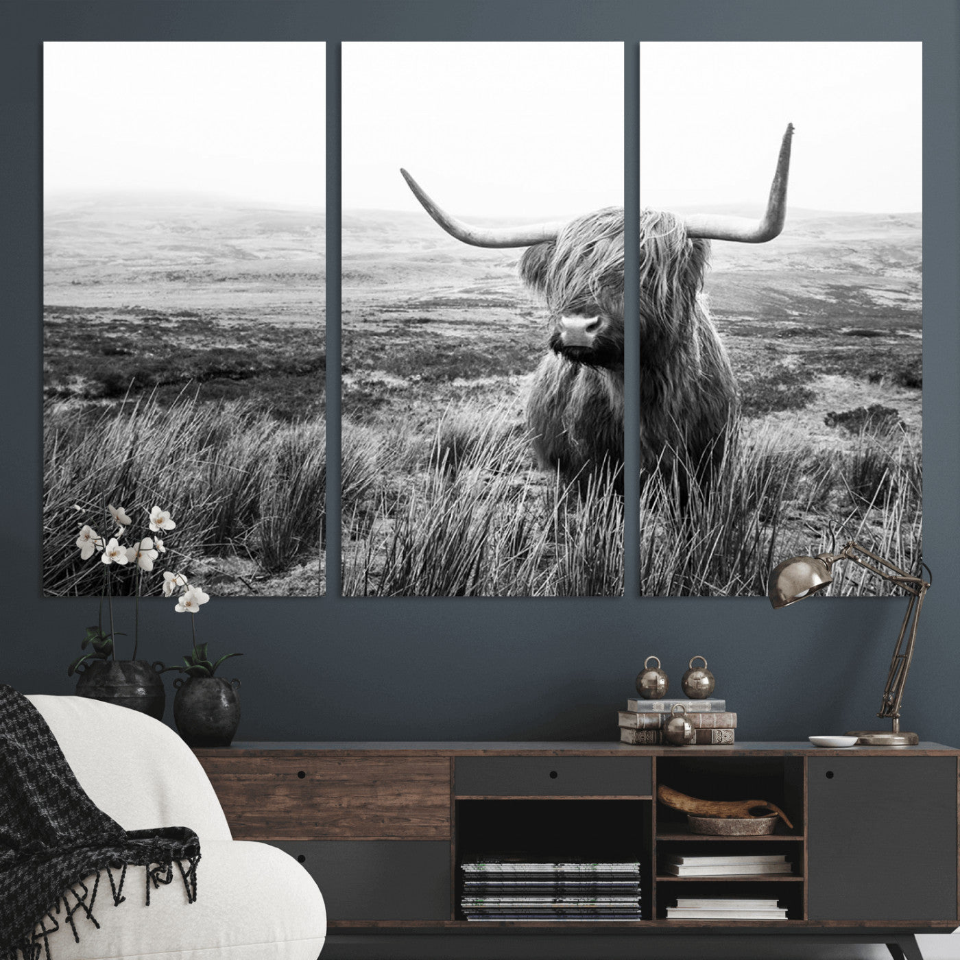 MGV-CV-48X32-3P - Scottish Highland Cow Wall Art | Black and White Canvas Print | Ready to Hang and Framed | Rustic