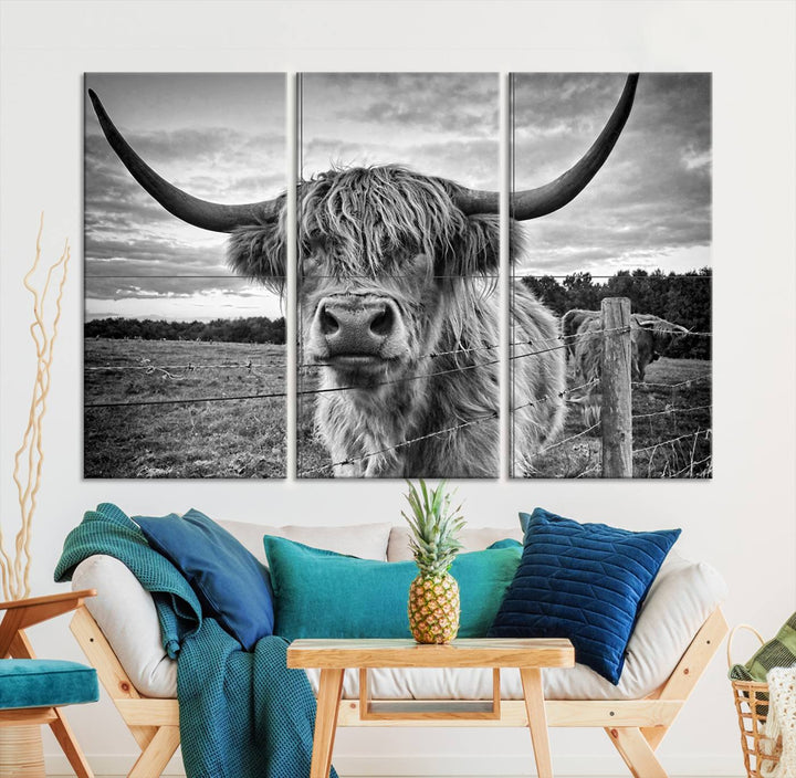 Scottish Highland Cow Wall Art Canvas Print | Ready to Hang and Framed | Rustic Farmhouse Decor