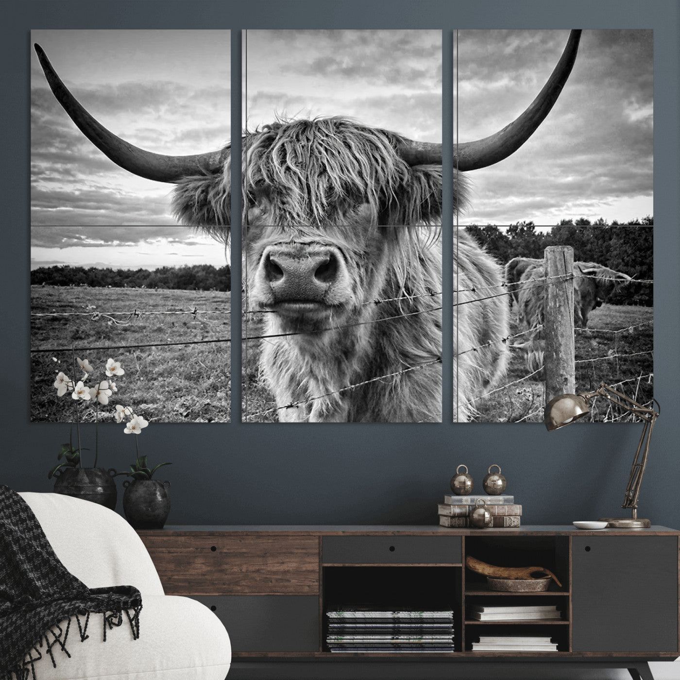 MGV-CV-48X32-3P - Scottish Highland Cow Wall Art Canvas Print | Ready to Hang and Framed | Rustic Farmhouse Decor