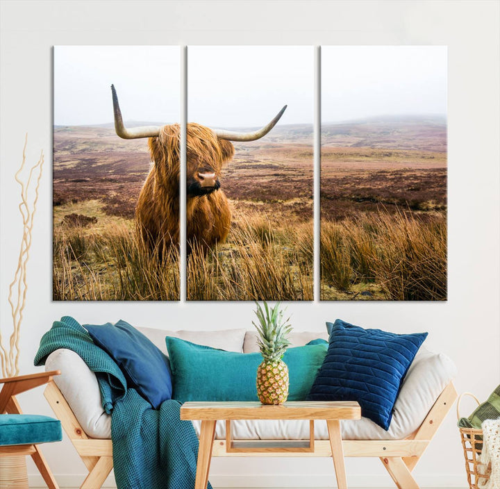 Scottish Highland Cow Wall Art Canvas Print | Ready to Hang and Framed | Rustic Farmhouse Decor for Living Room or Cabin