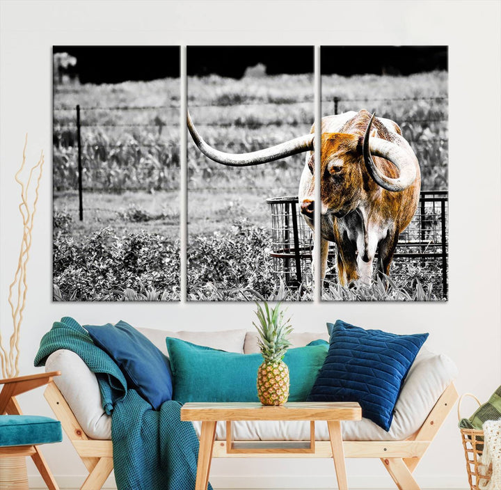 Majestic Texas Longhorn Cow Wall Art | Rustic Farmhouse Décor | Ready to Hang Canvas Print