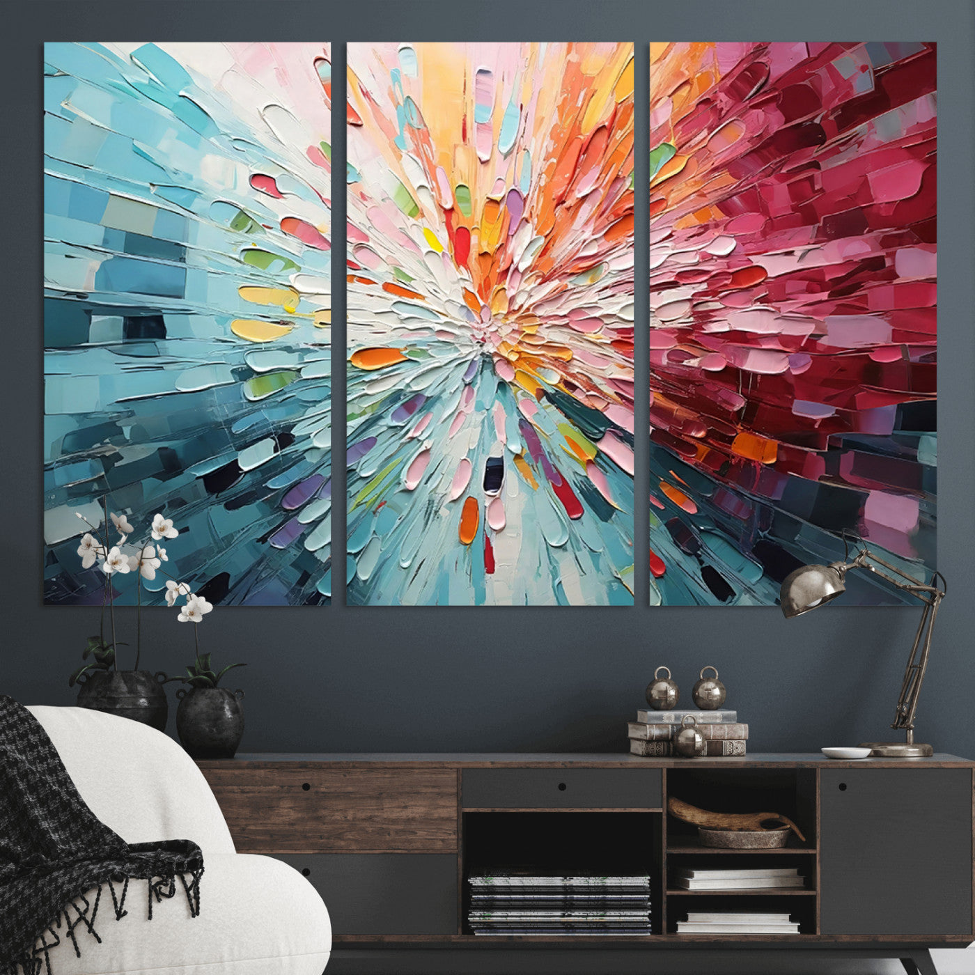 MGV-CV-48X32-3P - Radiant Bloom Abstract Floral Wall Art Canvas Print - Colorful Burst - Modern Living Room Decor -