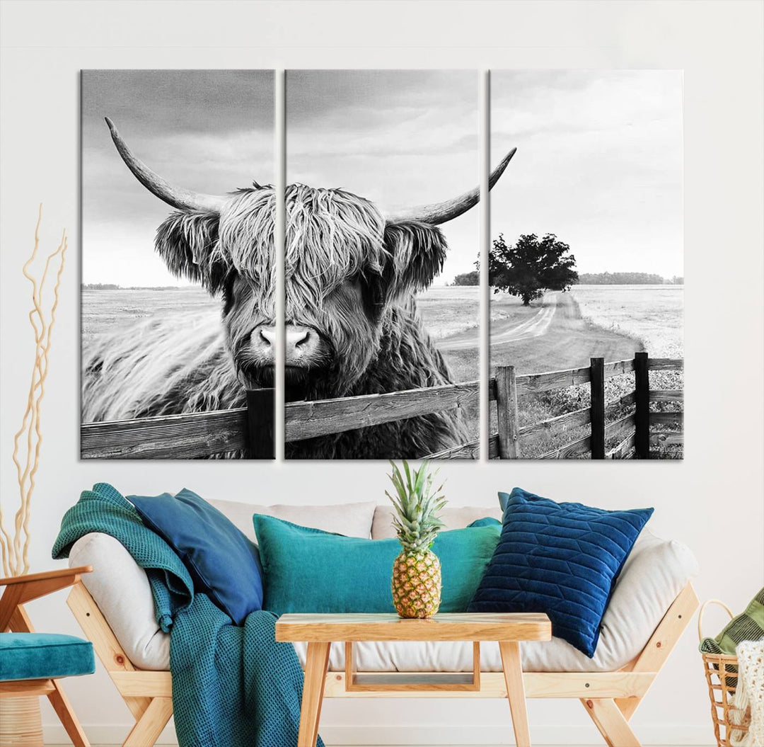 Scottish Highland Cow Wall Art | Rustic Farmhouse Décor | Black and White Ready to Hang Canvas Print