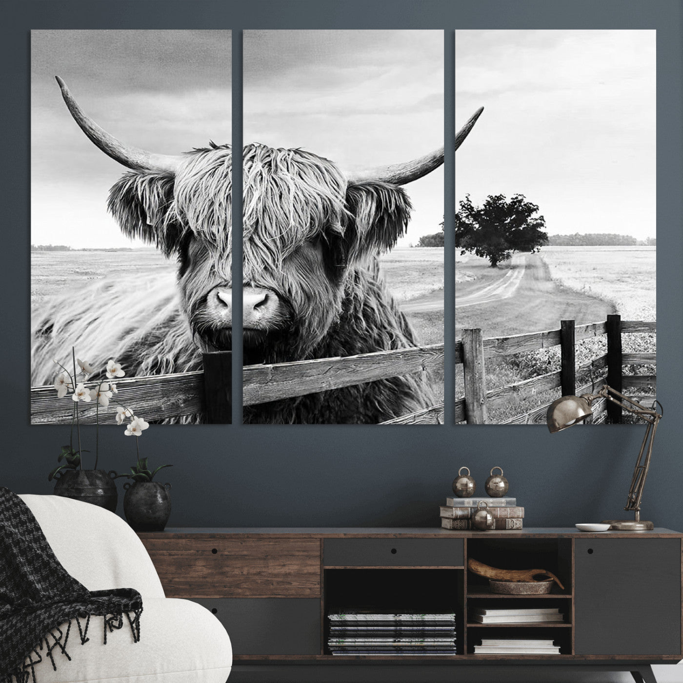 MGV-CV-48X32-3P - Scottish Highland Cow Wall Art | Rustic Farmhouse Décor | Black and White Ready to Hang Canvas Print