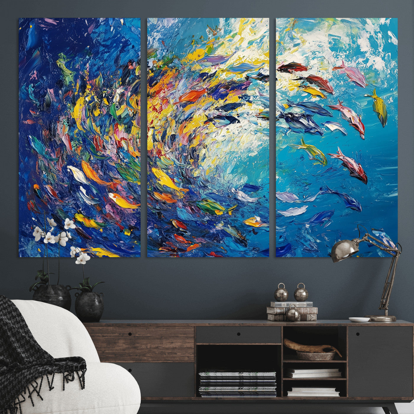 MGV-CV-48X32-3P - Colorful Swirling Fish School Wall Art Canvas Print | Oceanic Abstract Painting | Ready to Hang |