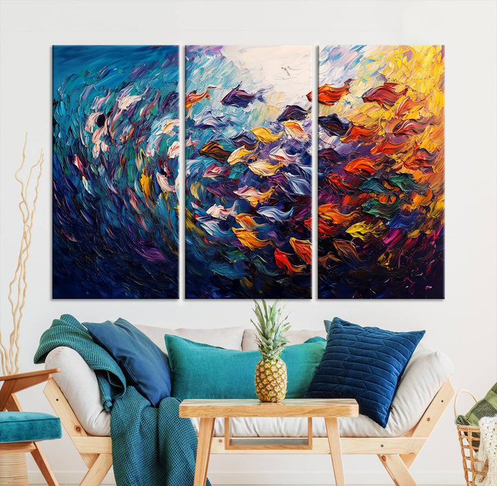 Vibrant Abstract Fish Swarm Art – Colorful Fish Inspired 3-Piece Canvas Wall Art for Living Room or Office – Framed and Ready to Hang