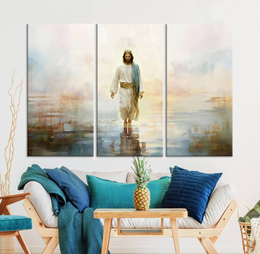 Framed Jesus Walking on Water Wall Art - 3-Panel Christian Canvas Prints, Religious Artwork, Ready to Hang Home Decor for Living Room, Office, or Church