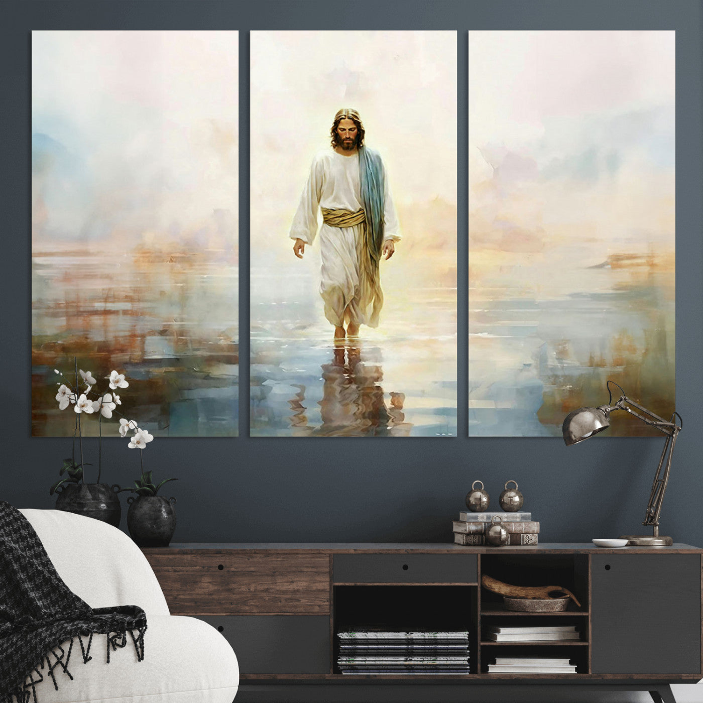 MGV-CV-48X32-3P - Framed Jesus Walking on Water Wall Art - 3-Panel Christian Canvas Prints, Religious Artwork for