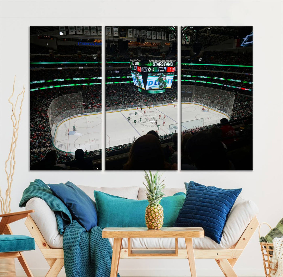 The Dallas Stars Wall Art Canvas Print is as clear as the scoreboard stats at a hockey game in a large arena with bright lights.