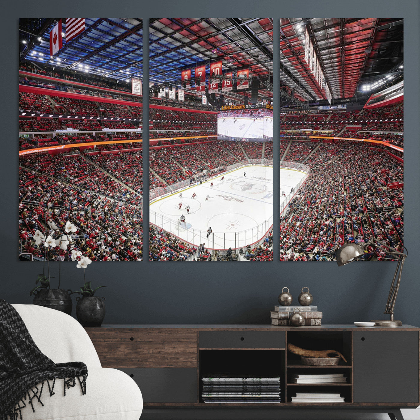 MGV-CV-48X32-3P - Barton Malow Little Caesars Arena Detroit Wall Art Canvas Print - Detroit Hockey and Basketball