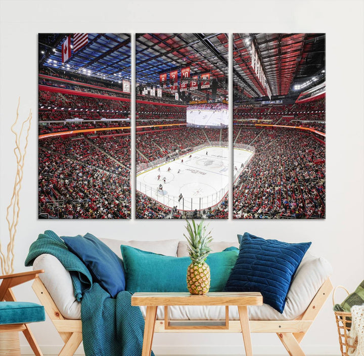 A Barton Malow canvas depicting Little Caesars Arena from above is beautifully printed in high resolution for your wall.