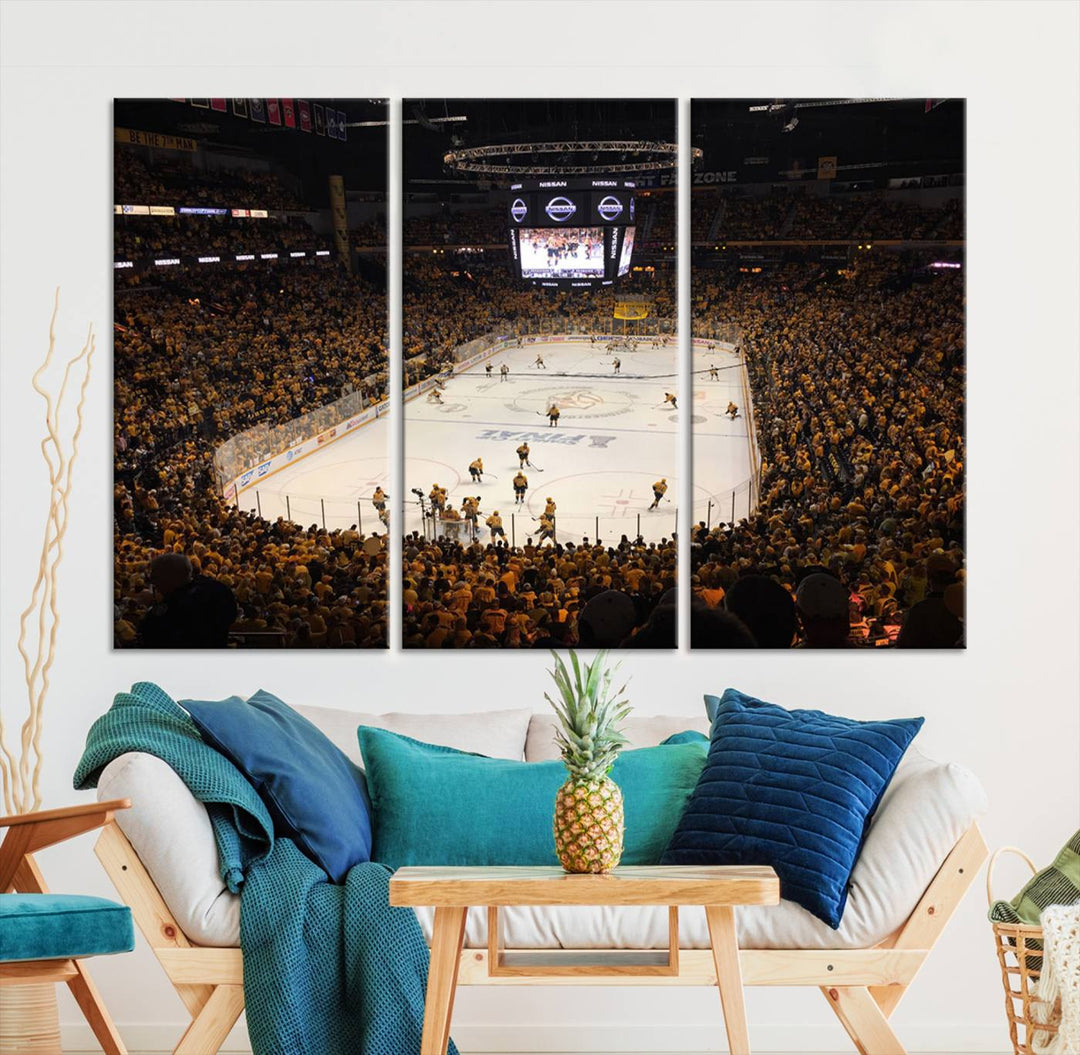 A captivating triptych canvas print, titled "Bridgestone Arena - Nashville Predators Hockey Team Print," adorns the wall. This Nashville wall art canvas print is perfect for Predators fans who appreciate sports-themed decor.