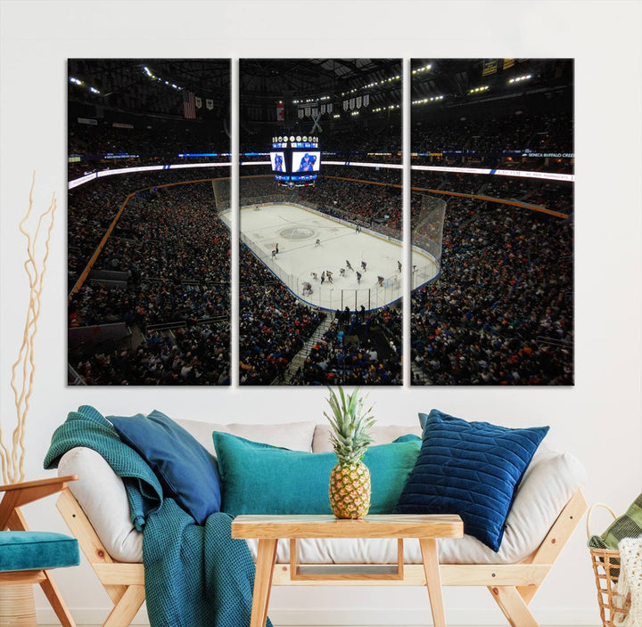 The nautical-themed room is enhanced by the KeyBank Center New York Buffalo Sabres Hockey Stadium Wall Art Canvas Print, a three-panel depiction of a bustling hockey arena with a gallery-quality finish. This canvas artwork, handmade in the USA, introduces an element of sporting elegance to your decor.