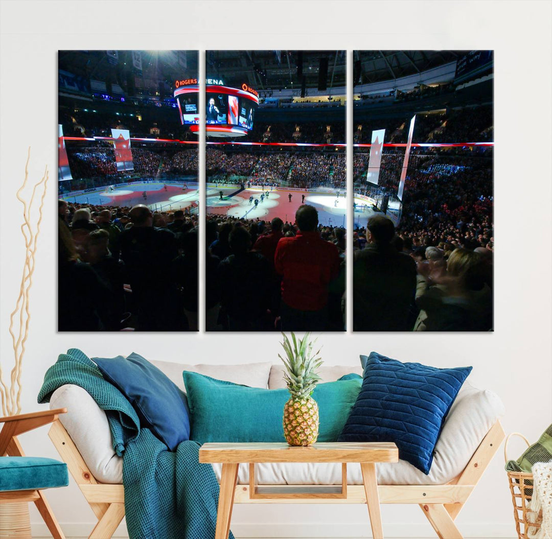 Experience the intense atmosphere of a full-capacity ice hockey game at Rogers Arena, home of the Vancouver Canucks, captured on museum-quality canvas.