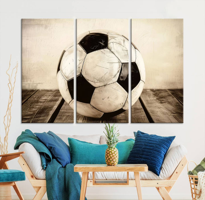 Vintage Soccer Ball Triptych Canvas Art – 3-Panel Soccer Wall Decor, Framed and Ready to Hang Sports Art for Home, Office, or Gym