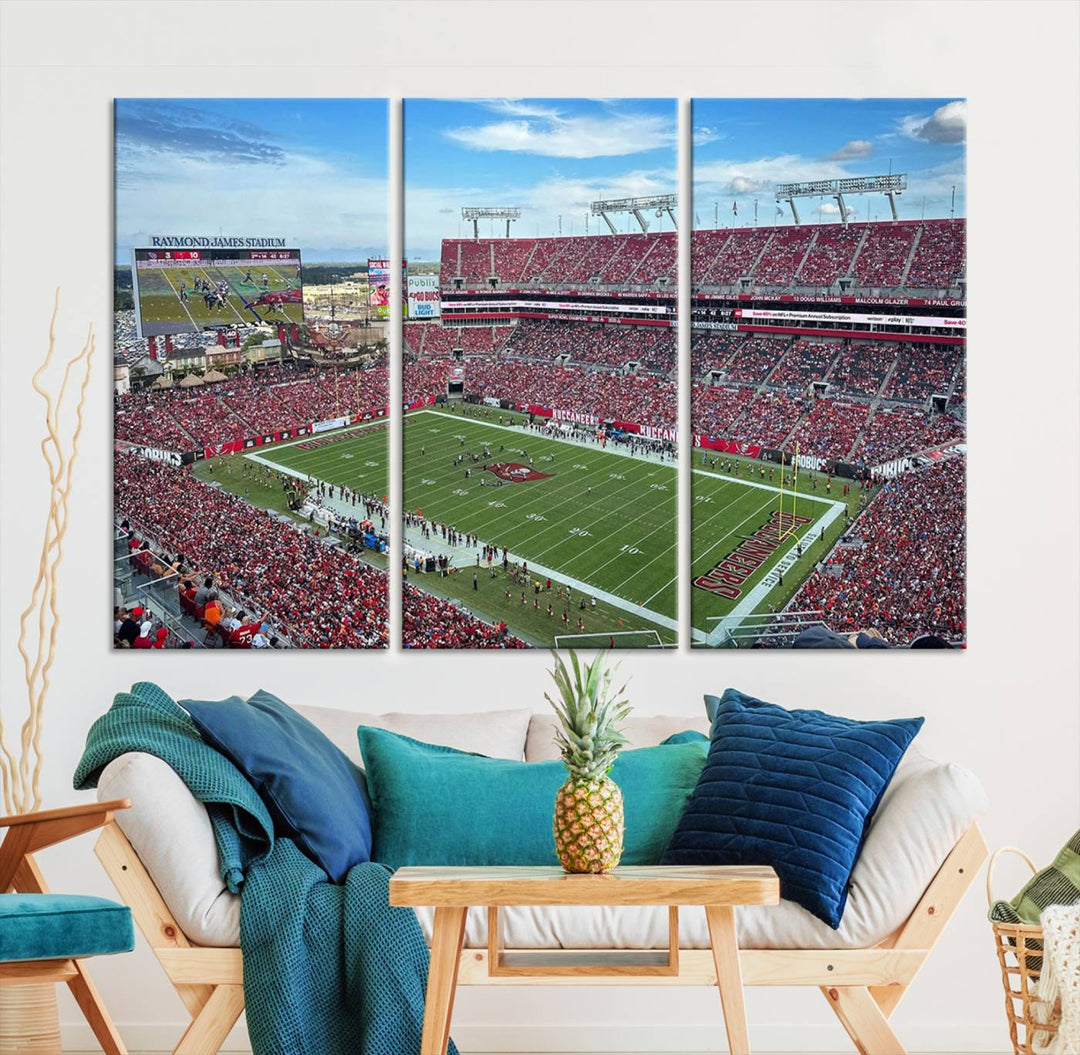 The Florida Tampa Raymond James Stadium Wall Art Canvas Print is featured above the cabinet.