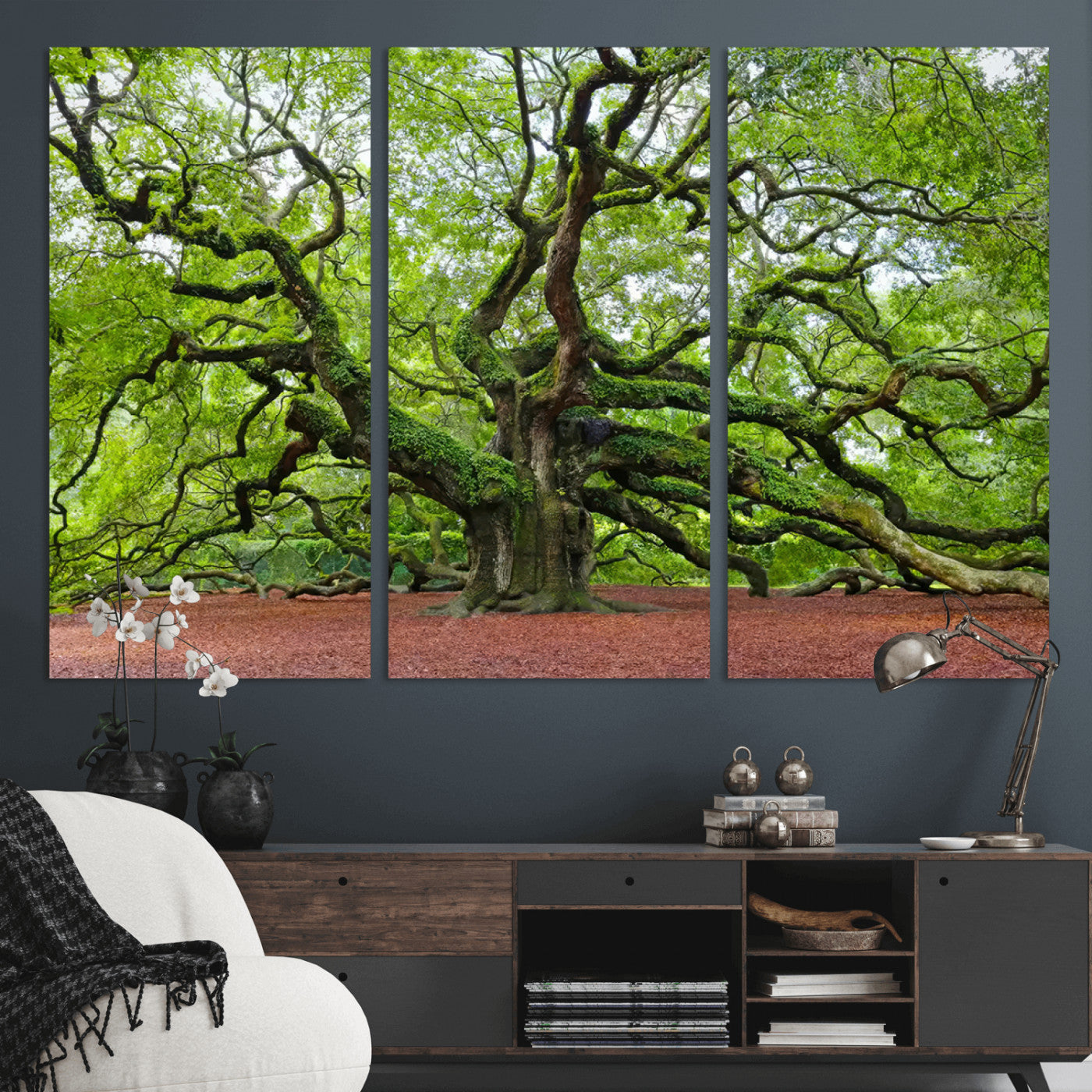 MGV-CV-48X32-3P - Framed Angel Oak Tree Wall Art - 3-Panel Canvas Prints, Large Green Nature Artwork, Ready to Hang