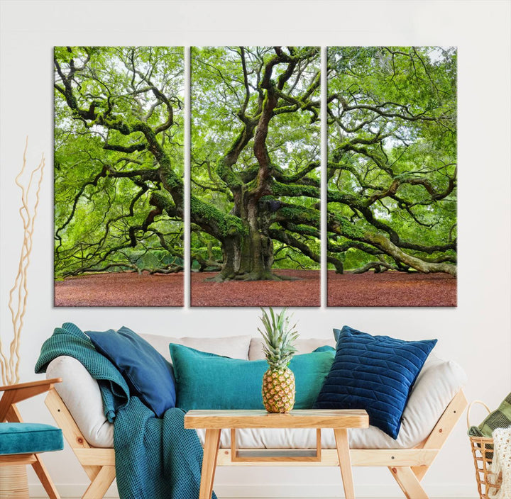 Framed Angel Oak Tree Wall Art - 3-Panel Canvas Prints, Large Green Nature Artwork, Ready to Hang Home Decor for Living Room, Office, Bedroom