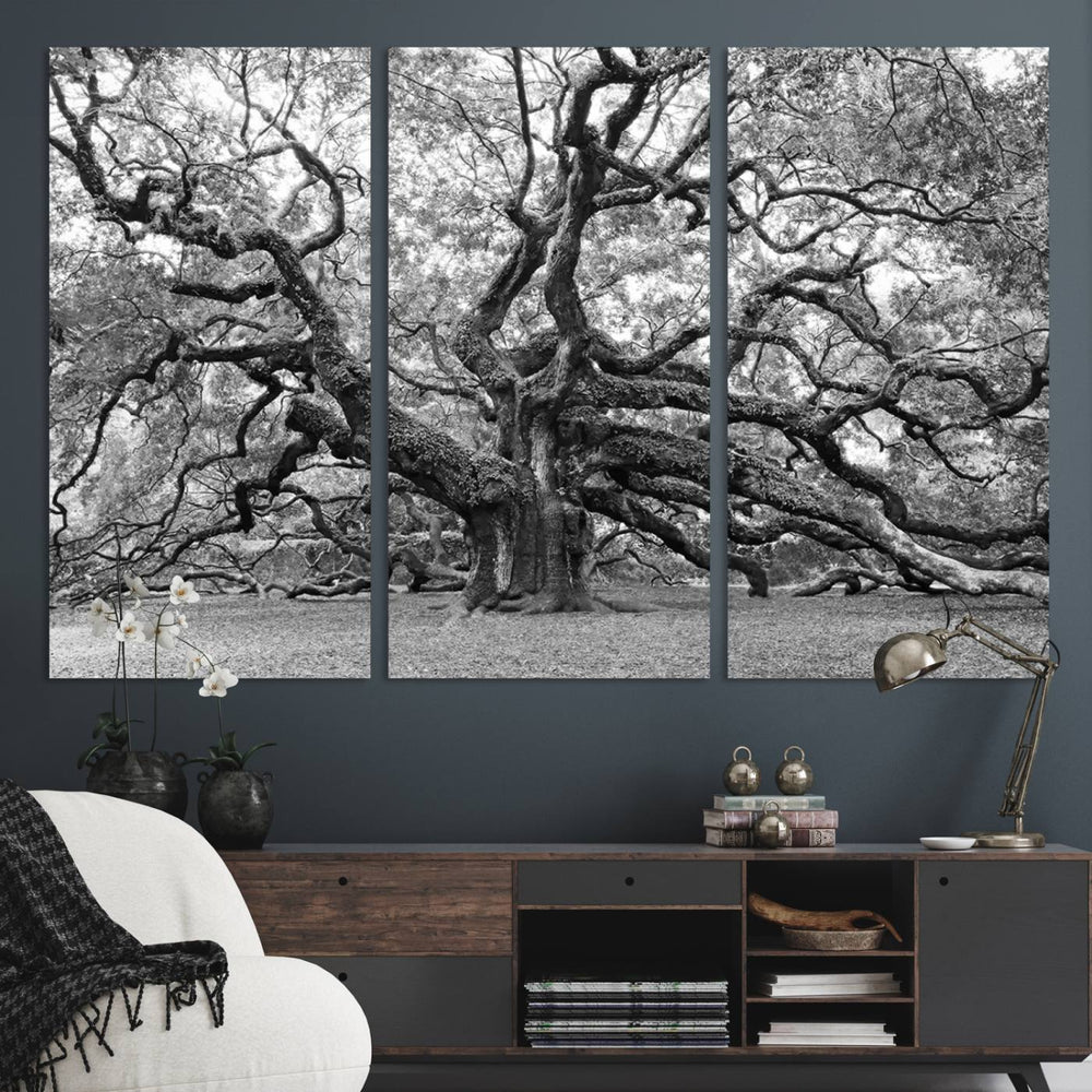 The Black White Angel Oak Tree wall art adds timeless, nature-inspired decor.