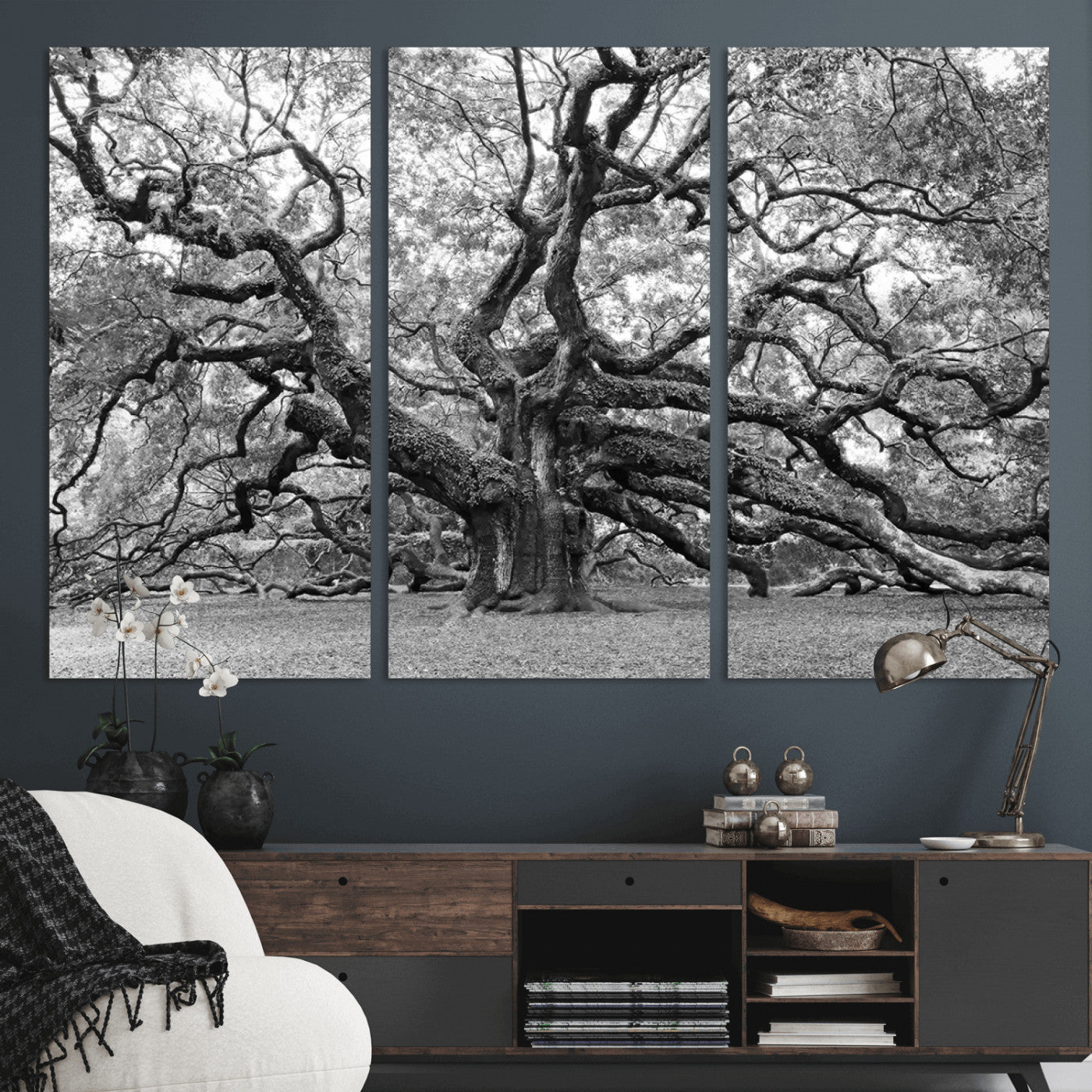 MGV-CV-48X32-3P - Black White Angel Oak Tree Wall Art - Timeless Nature-Inspired Canvas for Rustic, Modern, or