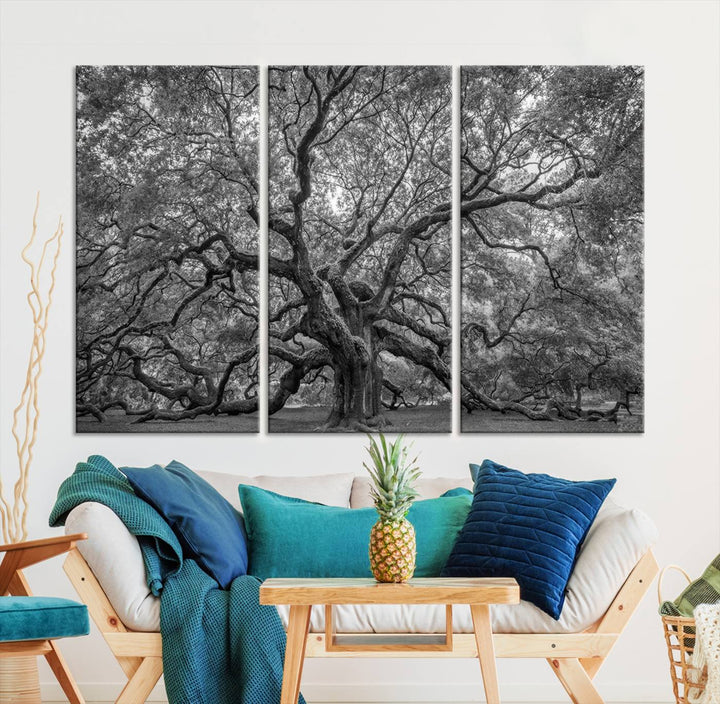 Majestic Angel Oak Tree Black and White Canvas Print – Multi Panel Wall Art, Giclée Print, Ready to Hang Nature Photography for Home Decor