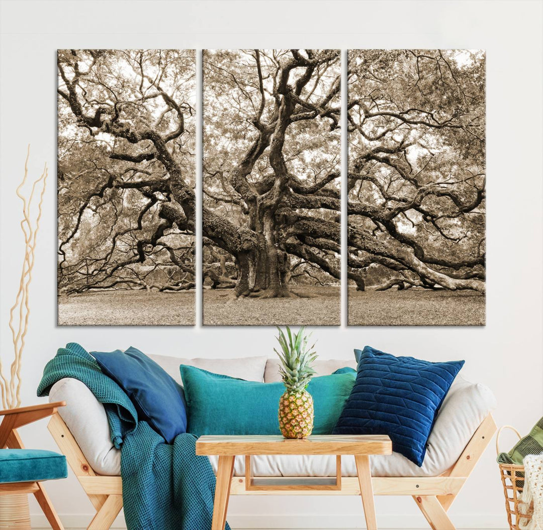 Displayed on the wall is a Sepia-framed Angel Oak Tree 3-panel canvas.