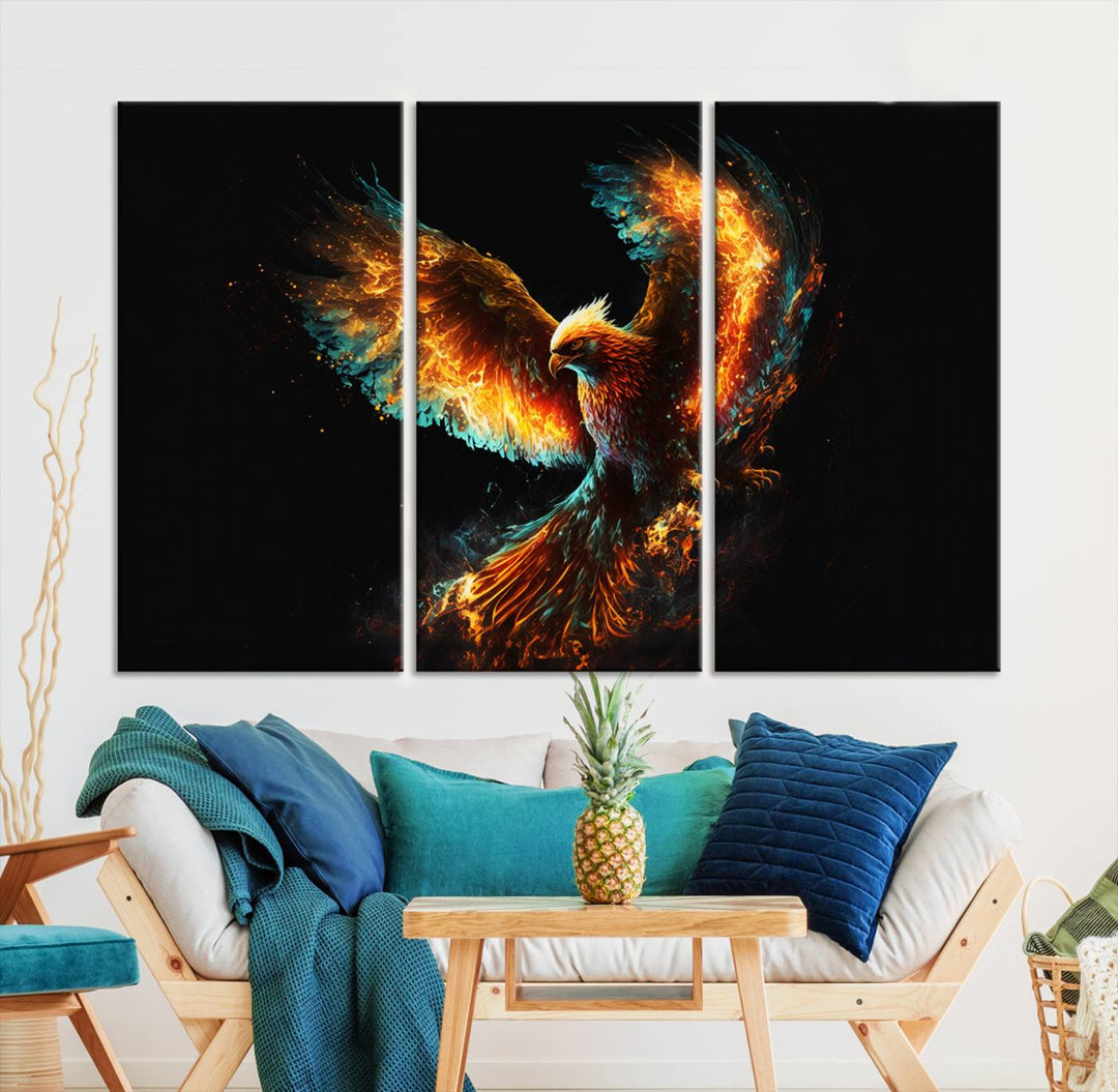 Fiery Phoenix Canvas Print | Ready to Hang Wall Art | Bold Fantasy Decor for Living Room | Majestic Bird Artwork