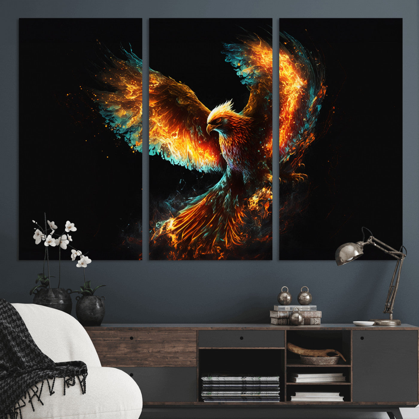 MGV-CV-48X32-3P - Fiery Phoenix Canvas Print | Ready to Hang Wall Art | Bold Fantasy Decor for Living Room | Majestic