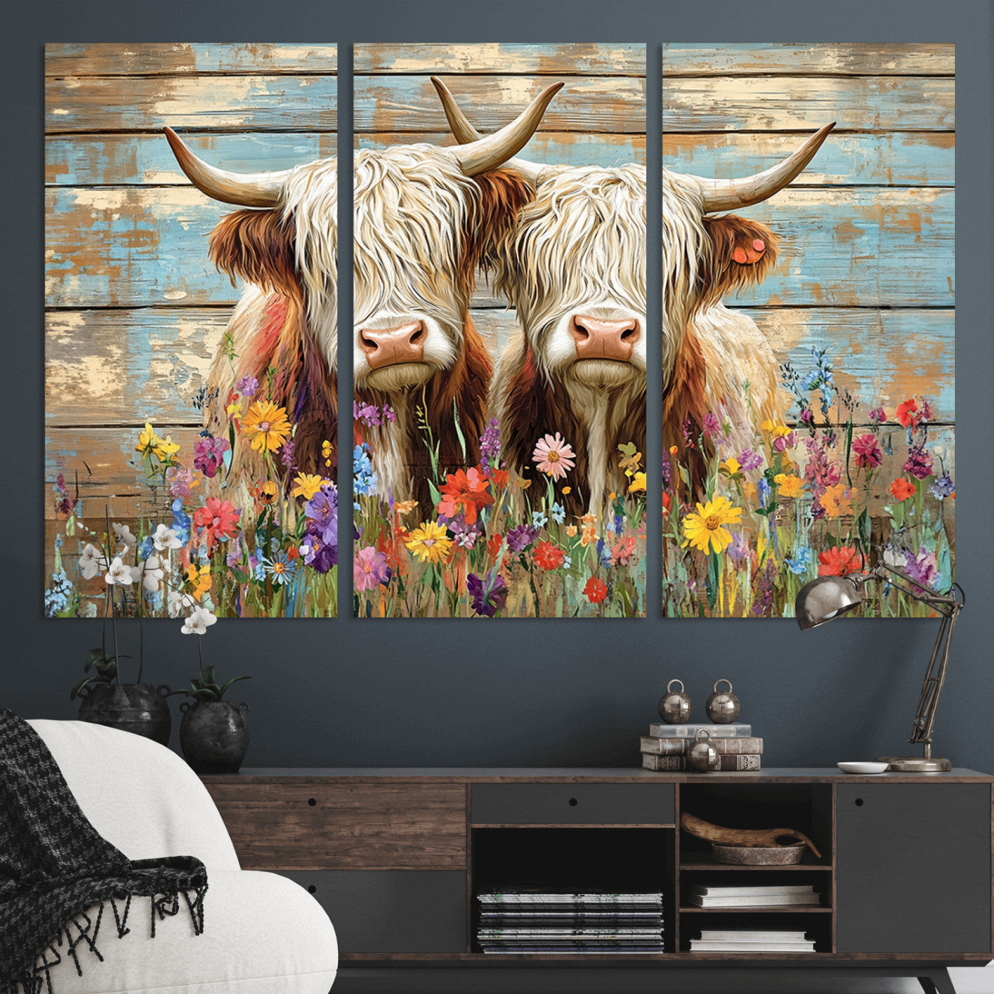 MGV-CV-48X32-3P - Cute Highland Cow Canvas Wall Art - Rustic Farmhouse Decor with Colorful Flowers Perfect Wall Art