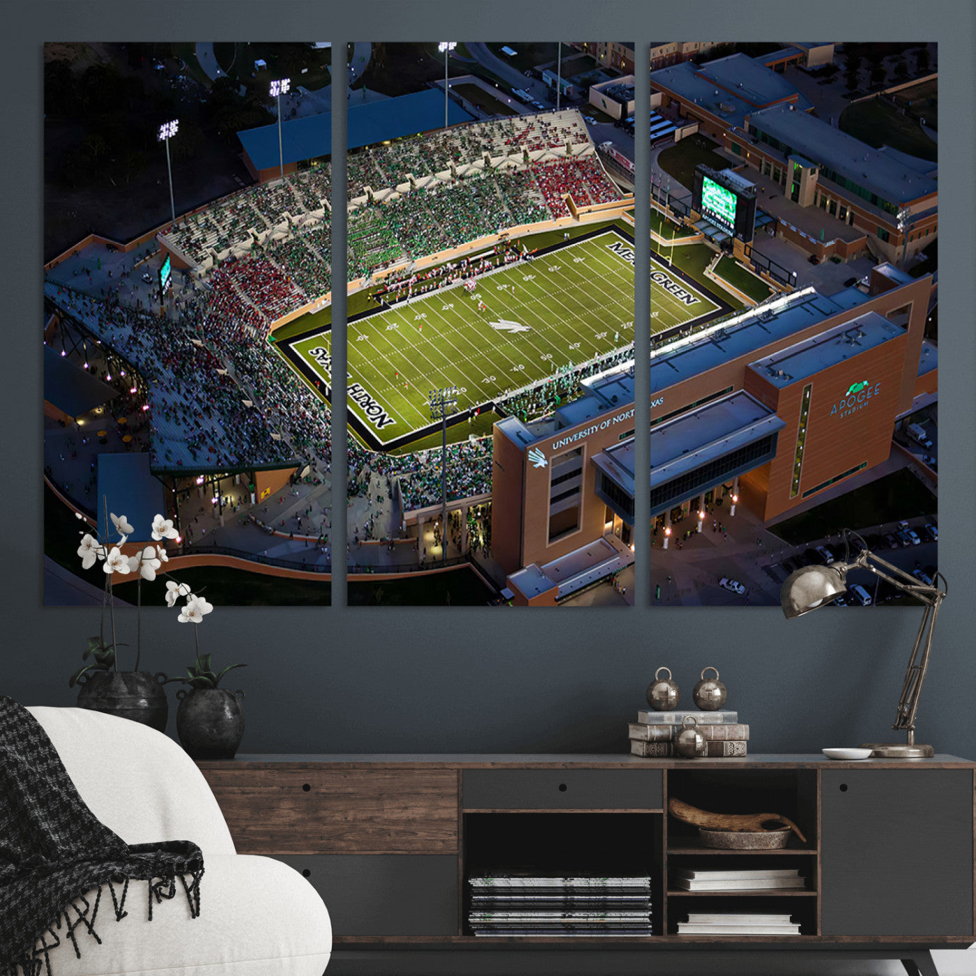 MGV-CV-48X32-3P - University of North Texas Mean Green Football Artwork, Football Team Print - Denton DATCU Stadium
