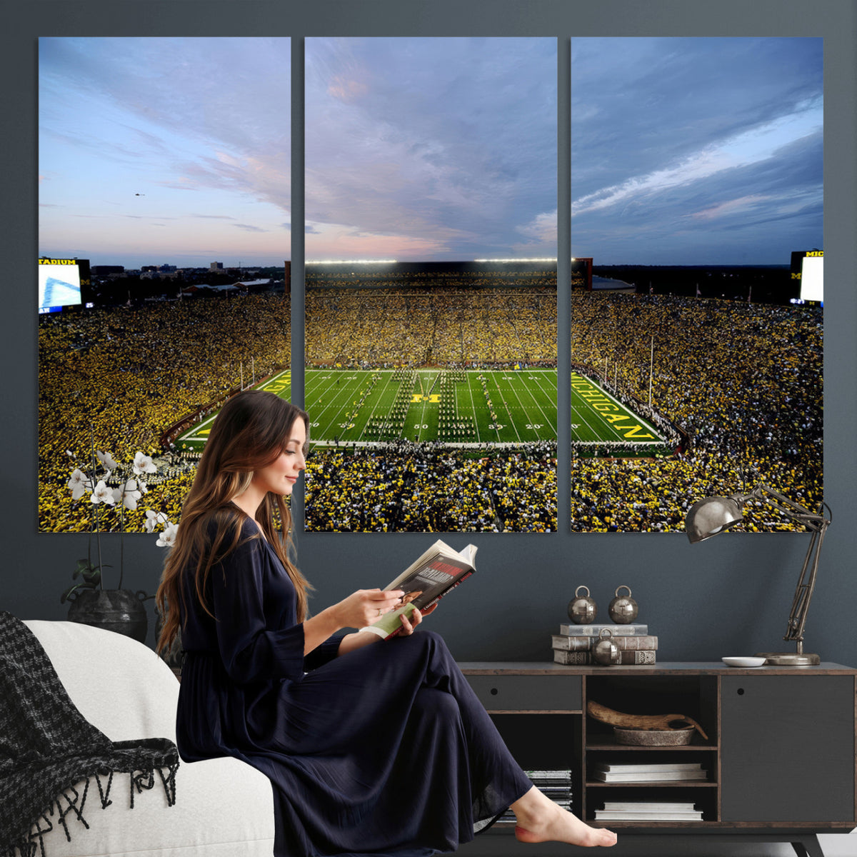 82641-MGV-CV-36X24 - Michigan Stadium Wall Art Canvas Print – Framed Football Field Scene with Marching Band Artwork for Home, Office
