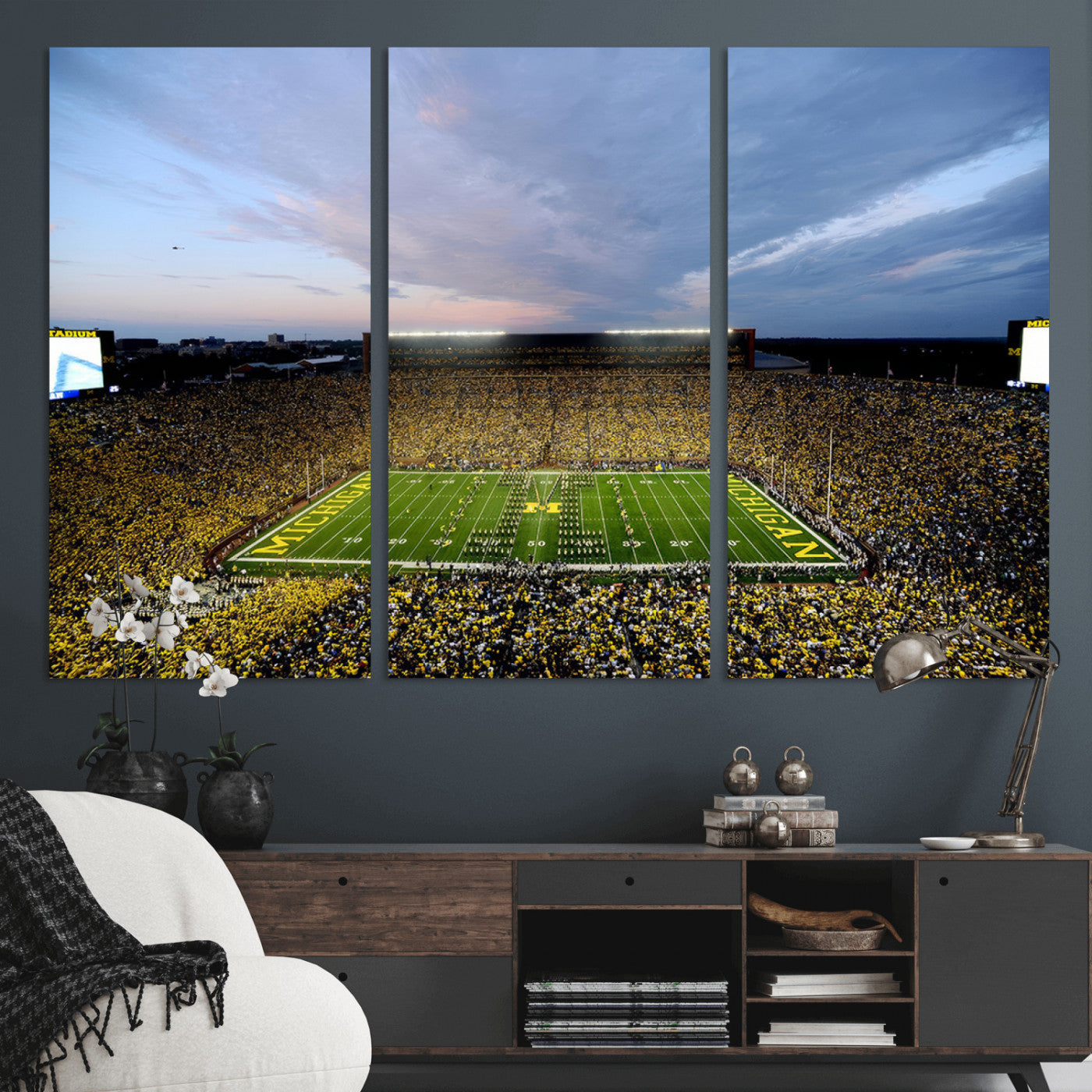 82641-MGV-CV-36X24 - Michigan Stadium Wall Art Canvas Print, Vibrant Game Day Crowd and Sunset Sky Football Field Artwork for Home, Office