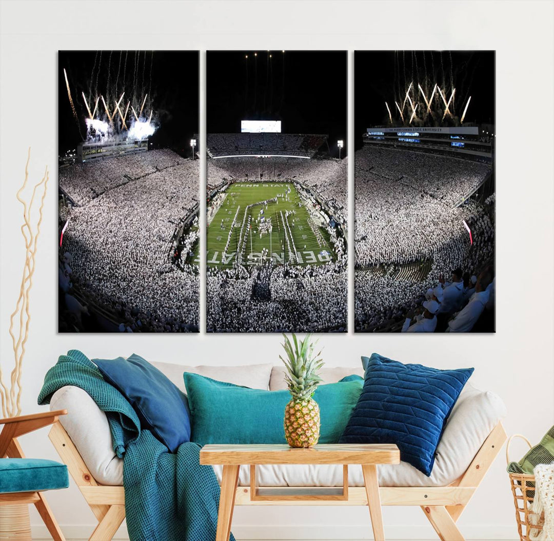 Wide-angle print of a packed stadium with fireworks, ideal gallery-quality wall art - Penn State Nittany Lions Canvas.