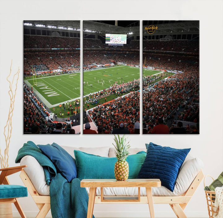 Aerial view of a Miami Hurricanes game at Hard Rock Stadium captured on canvas print, showcasing the teams on the field and fans in the stands.