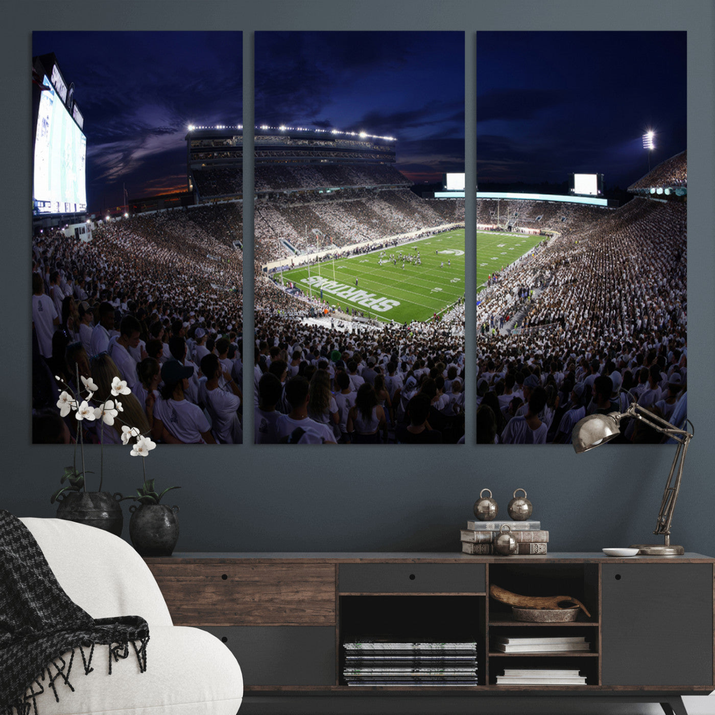 MGV-CV-48X32-3P - Michigan State Spartans Canvas, Framed Football Team Print - East Lansing Spartan Stadium Wall Art