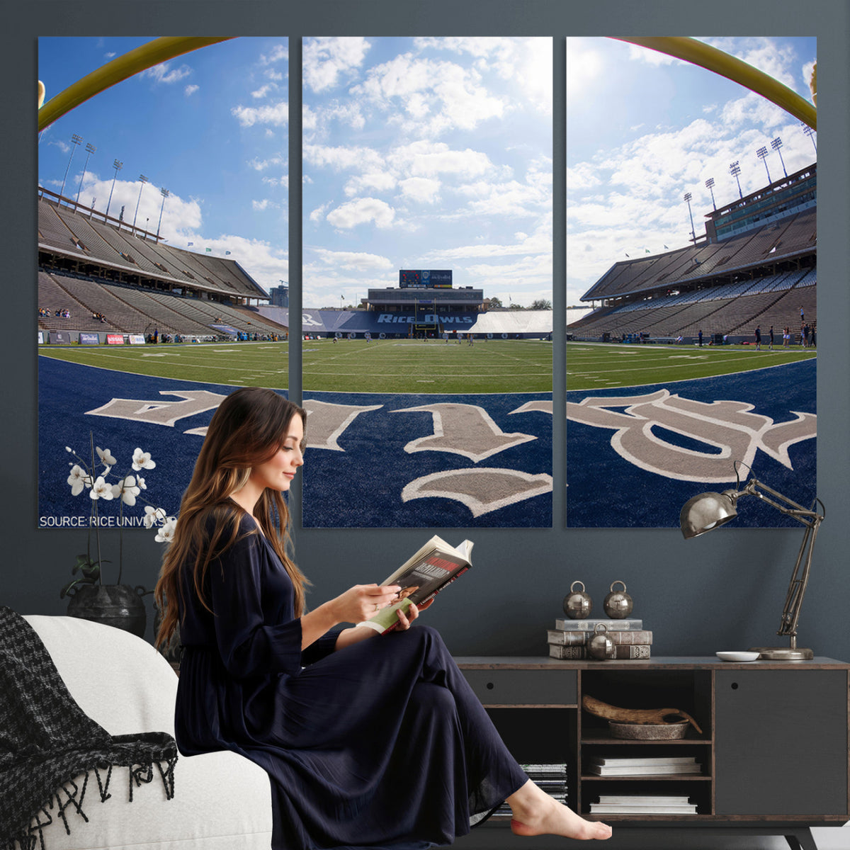 50267-MGV-CV-36X24 - Rice University Owls Football Team Print, Houston Rice Stadium, Framed and Ready to Hang