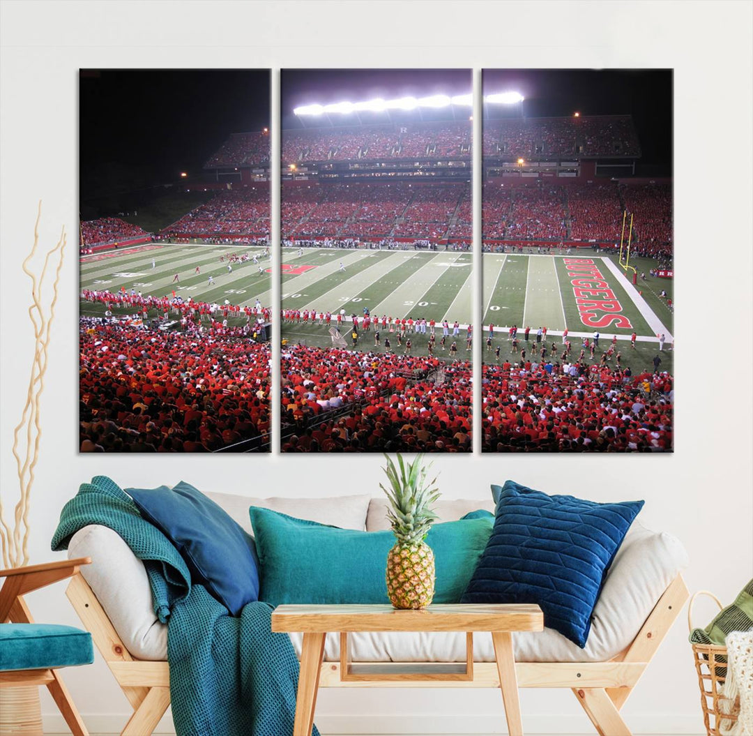 A bustling night game at SHI Stadium is captured as Rutgers Scarlet Knights wall art on a gallery-quality canvas print.