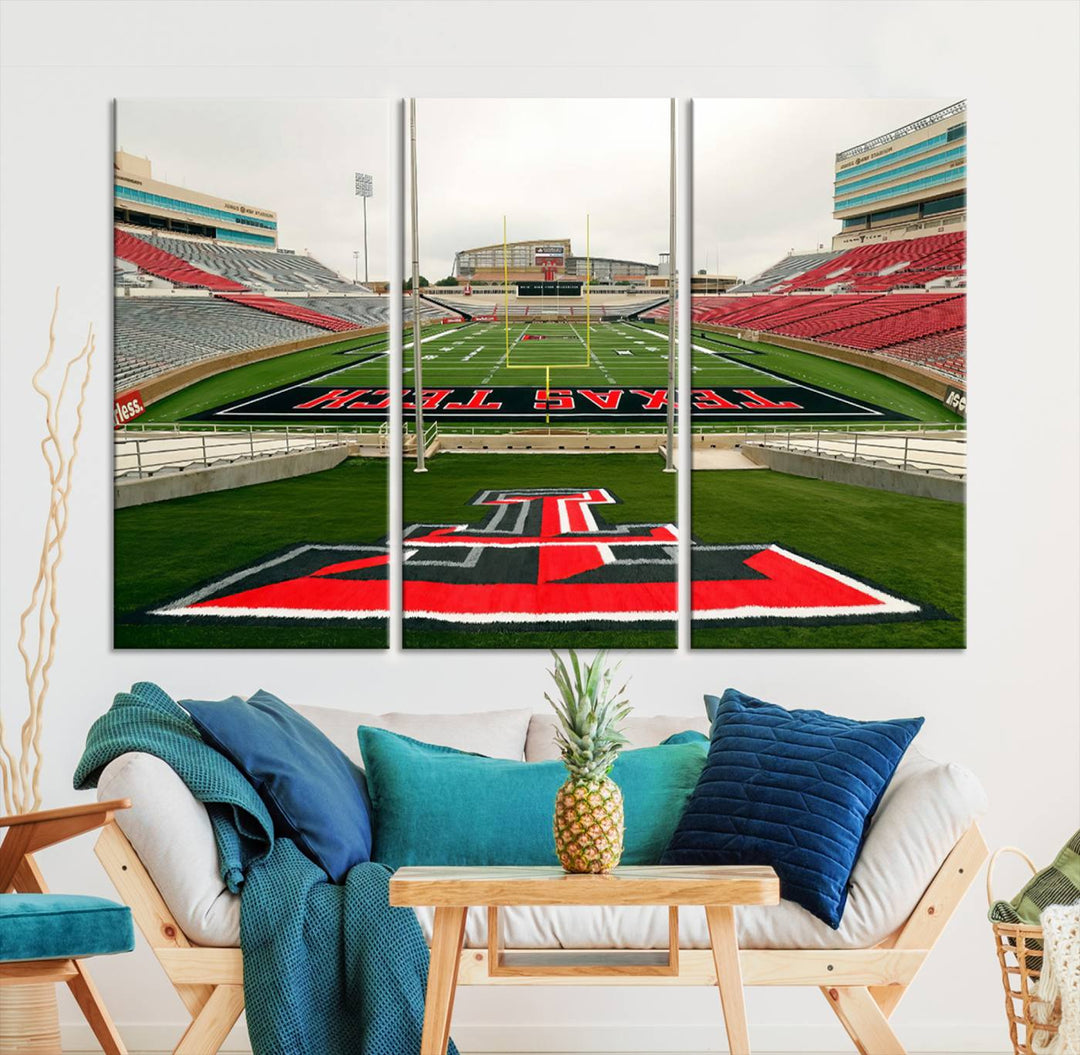 Gallery-quality print of Lubbock Jones AT&T Stadium featuring the Texas Tech Red Raiders field, highlighted by red and gray bleachers.