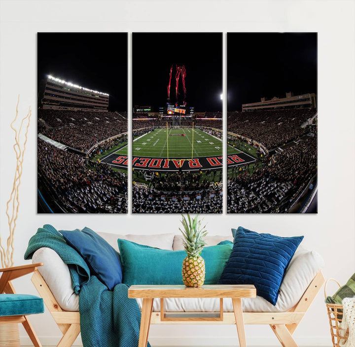 The wall features a Texas Tech Red Raiders Football Team Print on canvas, showcasing fireworks over a packed stadium at night.